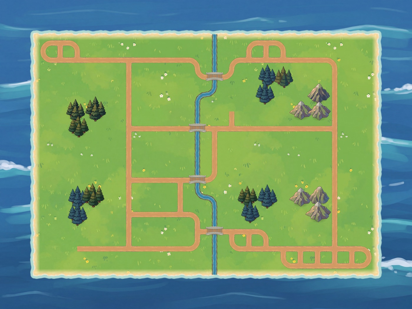 A Battle Tactics board: meadows crossed by roads, a river with four bridges, forests and mountains, ringed by sea