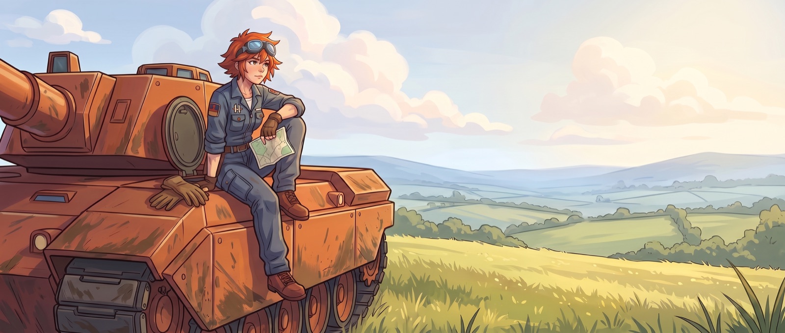 An officer resting on her tank, a valley opening away to the right