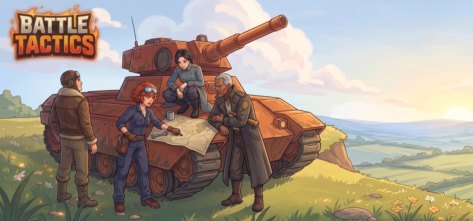 The four Battle Tactics commanders gathered around a map on a tank at sunrise