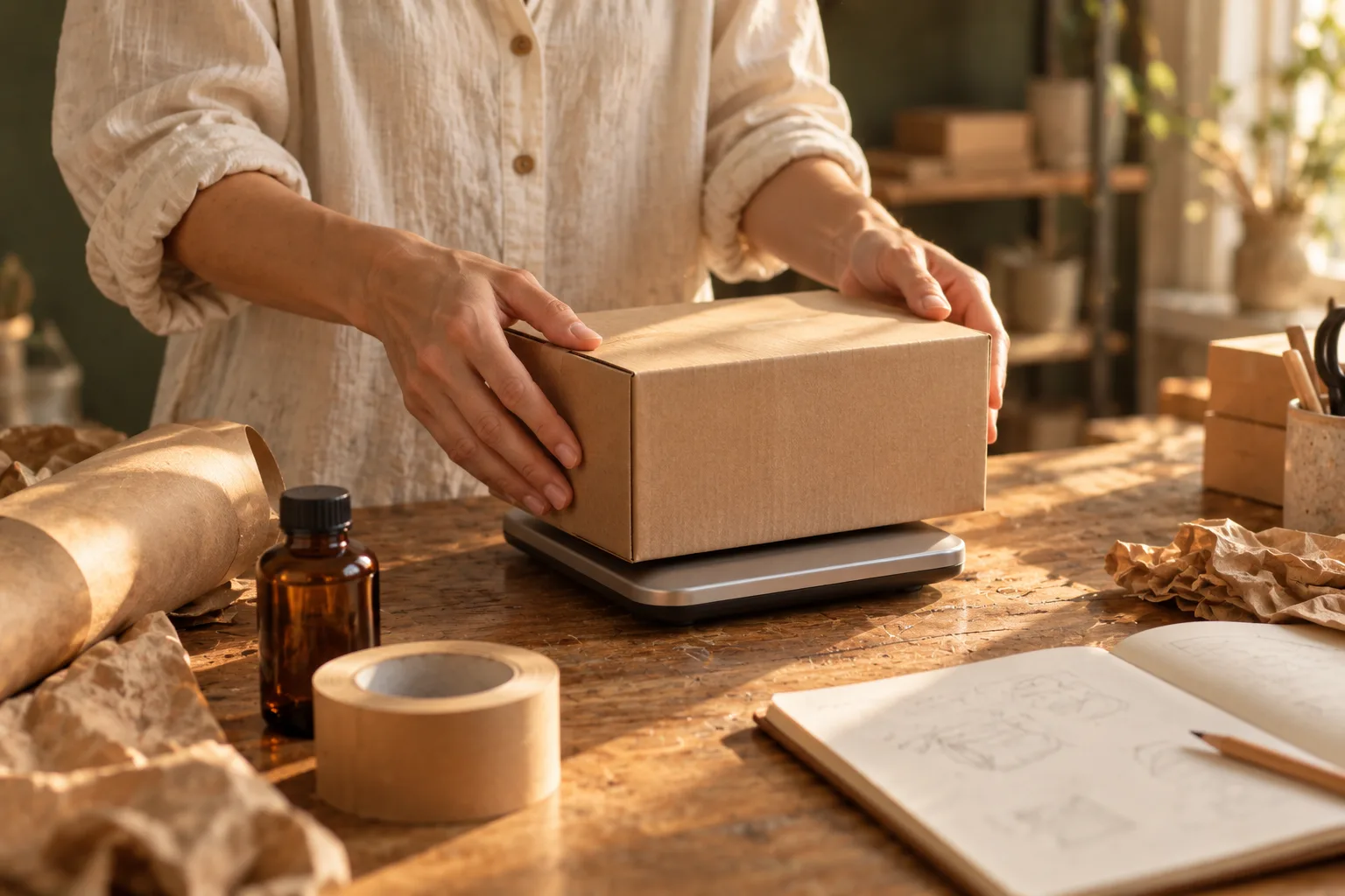 Hands placing a cardboard package on a scale beside tape and paper.