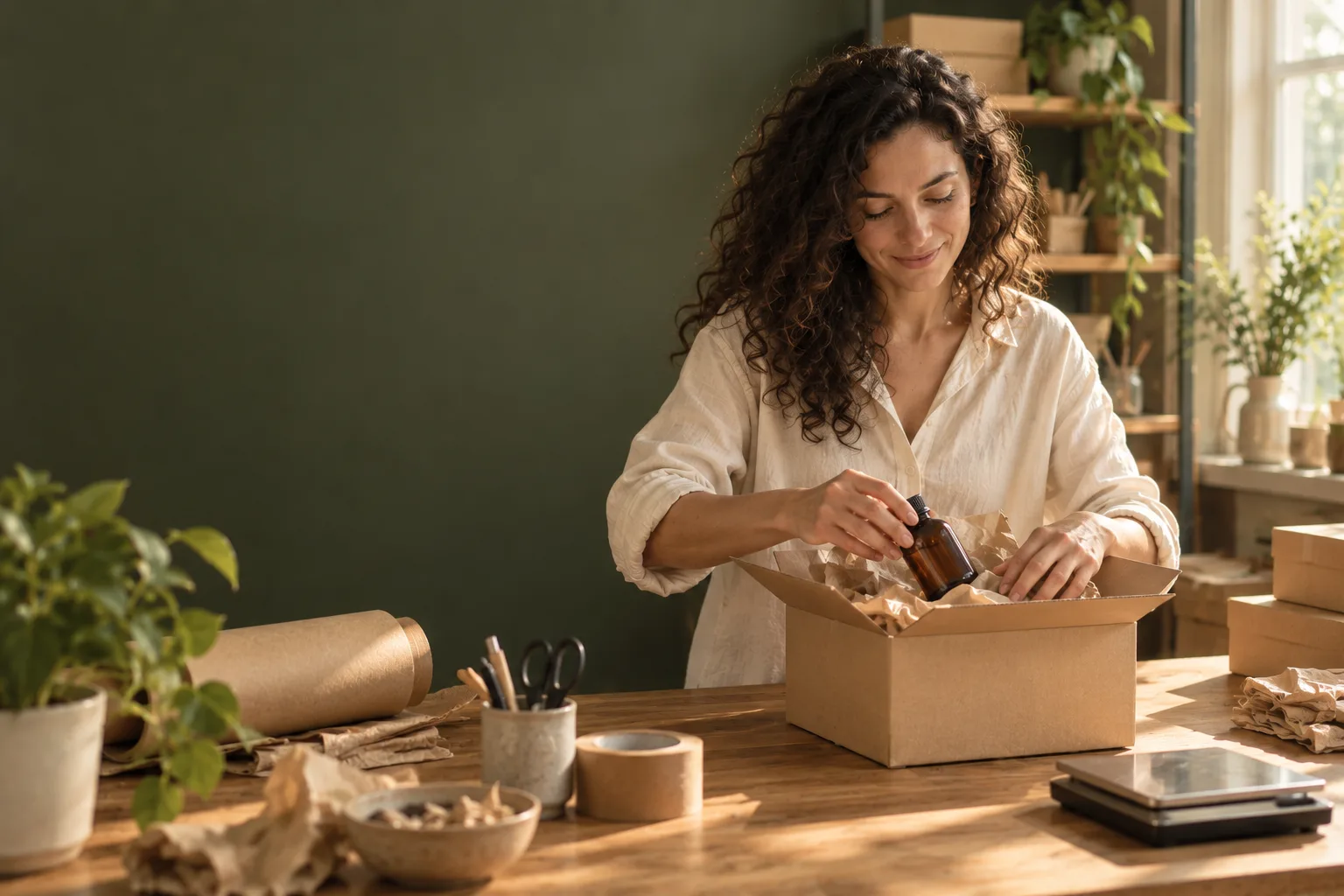 A woman packing a customer order at a bright studio worktable.
