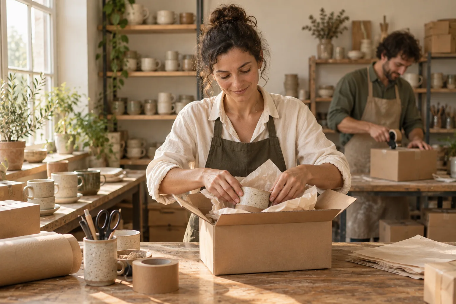 Two people working together to prepare packages in a small shop.