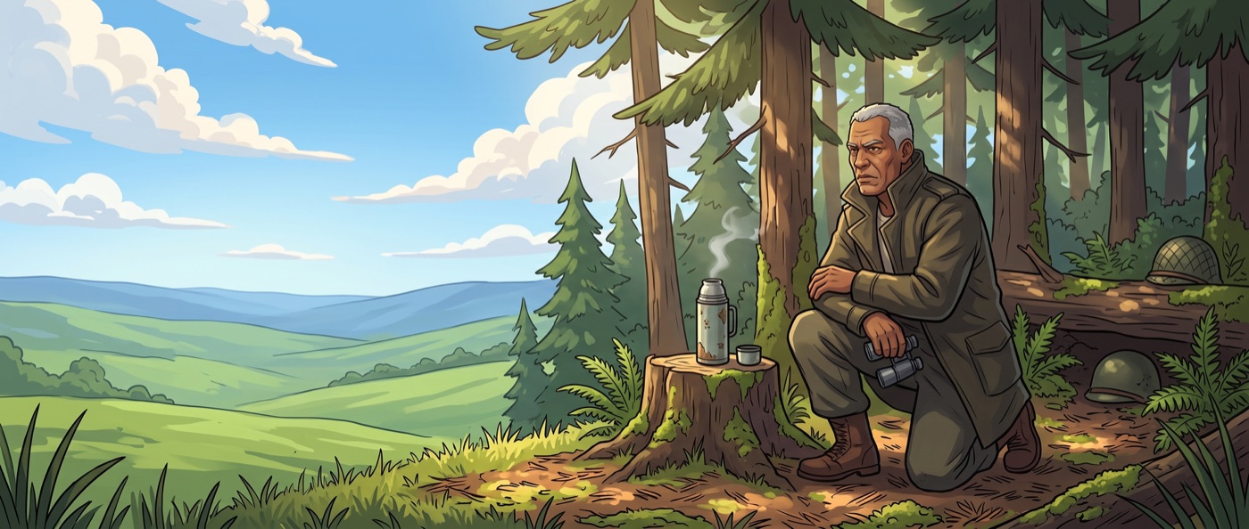 Colonel Moss reading the ground from a treeline